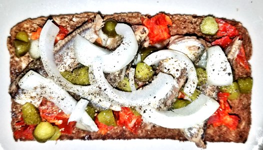 Smørrebrød homage 01 - anchovies, chorizo, cornichons, onion, pepper, on German rye - Massachusetts