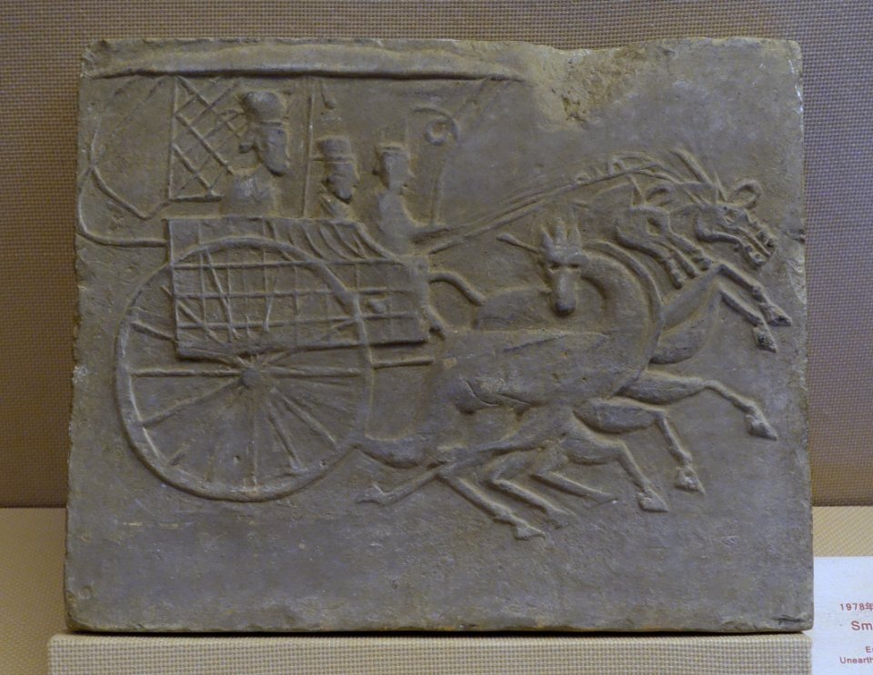 Small horse cart drawn by three horses, China, unearthed at Majia, Xindu District, Chengdu City, Eastern Han dynasty, 25-220 AD, tomb tile - Sichuan Provincial Museum - Chengdu, China - DSC04834