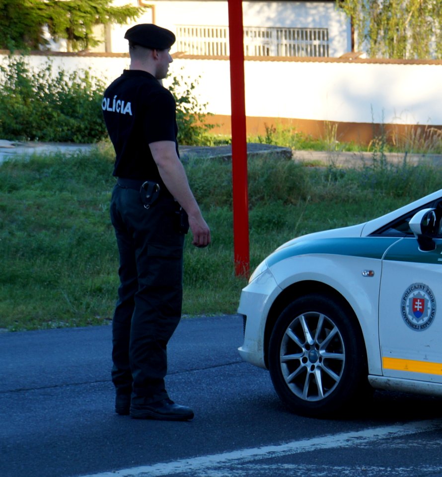 Slovak police car and police officer on duty (cropped)