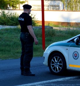 Slovak police car and police officer on duty (cropped)