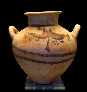 Small clay jar of Cycladic type with bi-chrome bird decoration. Grave L, NAMAthens8615, Greece photo