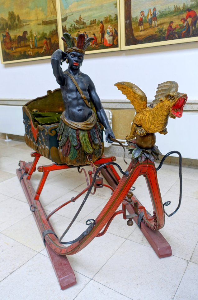 Sled with dragon and African, late 18th century, wood, metal, view 1 - Cinquantenaire Museum - Brussels, Belgium - DSC08870