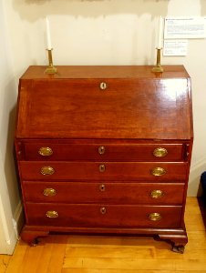 Slant-front desk, American, possibly New Bedford, late 1700s, cherry, with candlesticks, c. 1800, brass - Old Colony History Museum - Taunton, Massachusetts - DSC03746