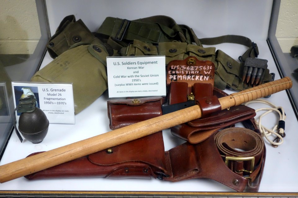 Soldiers Equipment, Korean War and Cold War, 1950s, with US Grenade Model 26 - Fort Devens Museum - DSC07089