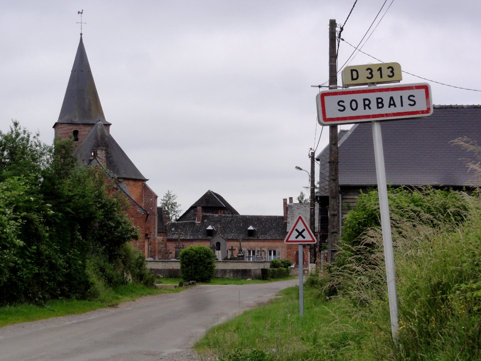 Sorbais (Aisne) city limit sign and church