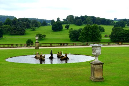 South lawn, with Seahorse Fountain by Caius Gabriel Cibber, 1688-1691, and urns by Francesco Bienaime, 1800s - Chatsworth House - Derbyshire, England - DSC03572