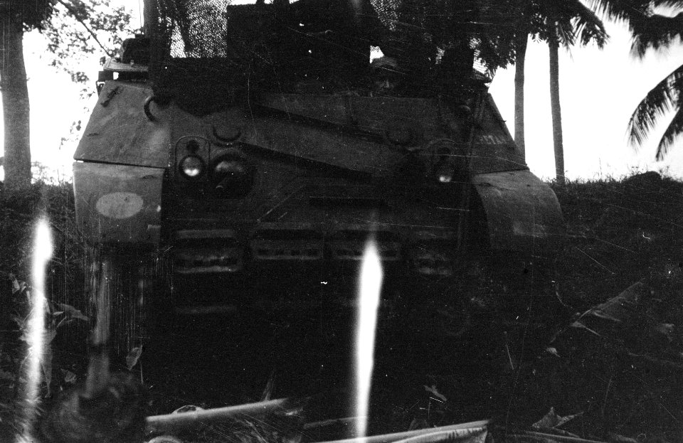 Soemedang. Een tank van het 1ste Eskadron Gevechtswagens in camouflage-opstellin, Bestanddeelnr 3854