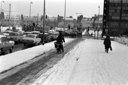 Sneeuw in Amsterdam. Bromfietser in sneeuw, Bestanddeelnr 923-3149