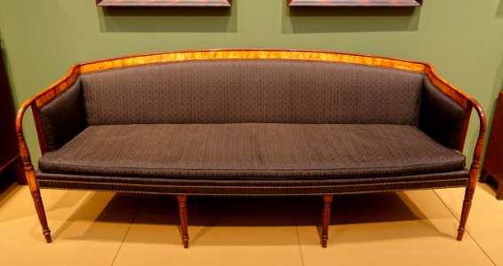 Sofa, maker unknown, Portsmouth, New Hampshire, c. 1810, mahogany, birch veneer, replaced horsehair upholstery - Currier Museum of Art - Manchester, NH - DSC07663