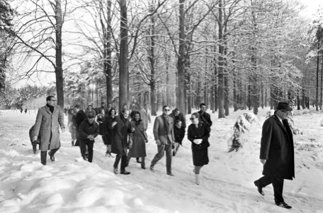 Sneeuwpret rondom Soestdijk, op de voorgrond het bruidspaar tijdens de wandeling, Bestanddeelnr 919-9551