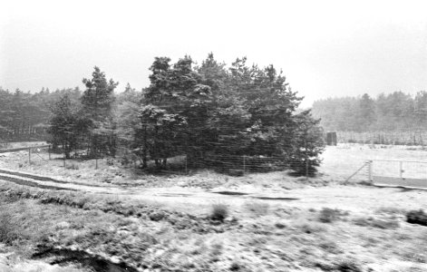 Sneeuw in april, besneeuwde boerderijen vanuit trein gezien, Bestanddeelnr 919-0293