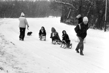 Sneeuwpret vader trekt kinderen op sleetjes, Bestanddeelnr 930-0624
