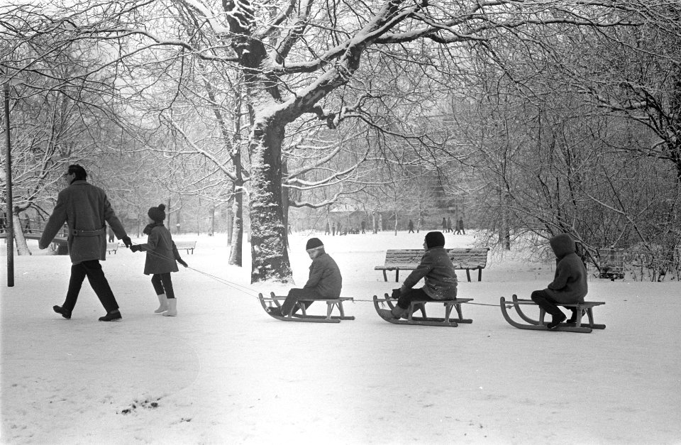 Sneeuwpret in Vondelpark vader trekt slee met kinderen, Bestanddeelnr 921-9754