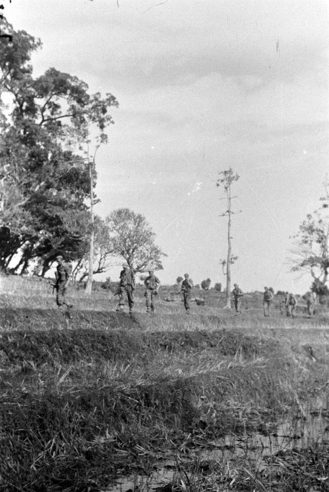 Soerabaja-sector De sectie verdeelt zich langs een kampongrand, alvorens de kam, Bestanddeelnr 4617