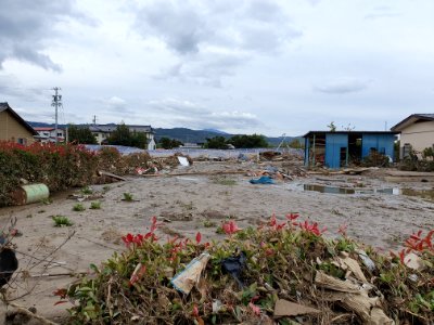 Solar panels damaged by river overflow due to typoon