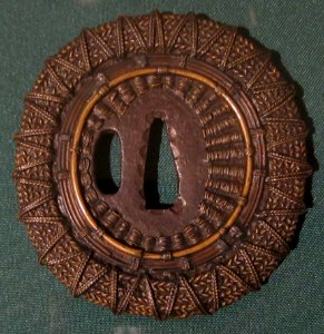 Shingen type sword guard (tsuba), 17th century Japan, brass and copper