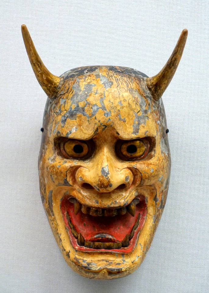 Shinja type noh mask, with inscription 'By Master Tomoharu of the Hosho troupe of 74 years', Muromachi period, 1400s-1500s AD, wood, polychromy - Tokyo National Museum - Ueno Park, Tokyo, Japan - DSC08988