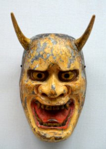 Shinja type noh mask, with inscription 'By Master Tomoharu of the Hosho troupe of 74 years', Muromachi period, 1400s-1500s AD, wood, polychromy - Tokyo National Museum - Ueno Park, Tokyo, Japan - DSC08988