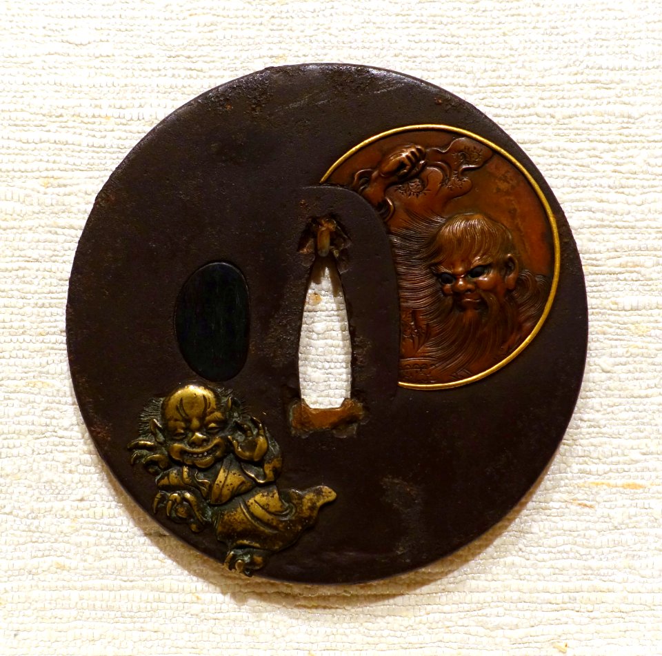 Shoki and Demon, tsuba, Japan, Senkatsusai Mirochika, iron, copper, sentoku (copper, tin, and zinc alloy), gold - Peabody Essex Museum - DSC07448