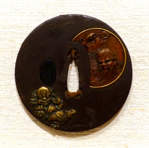 Shoki and Demon, tsuba, Japan, Senkatsusai Mirochika, iron, copper, sentoku (copper, tin, and zinc alloy), gold - Peabody Essex Museum - DSC07448