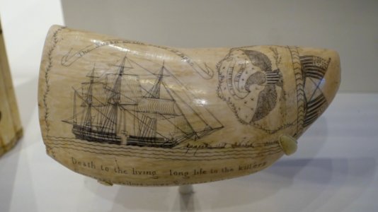 Ship Susan on the Coast of Japan, by Frederick Myrick, 1829, sperm whale tooth, blacking - Peabody Essex Museum - DSC07233