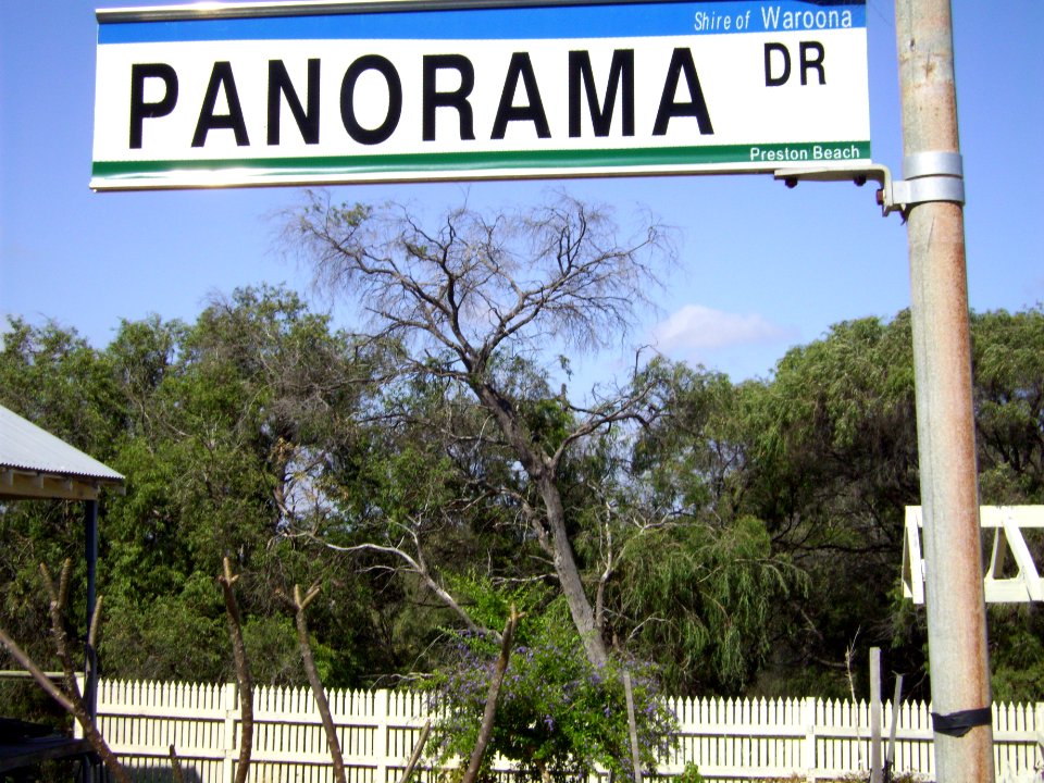 Shire of Waroona street sign for Panorama Dr, Preston Beach closeup (E37@WTW2013)
