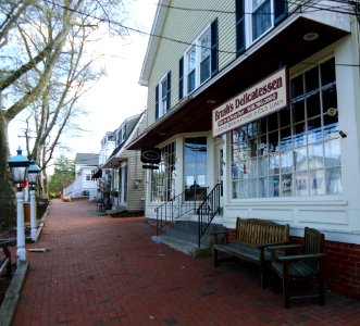 Shops and sidewalk and lamps in Basking Ridge New Jersey photo