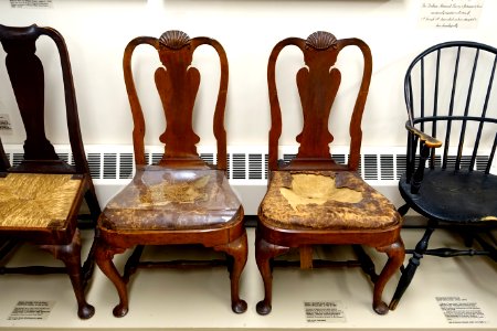Side chairs, set of two, Queen Anne style, New England, 1740-1760, original upholstery of linen and marsh grass, covered with tan leather - Dedham Historical Society - Dedham Massachusetts - DSC04172