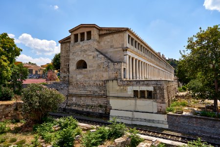 Sideview of the Stoa of Attalus from Adrianou Street on July 21, 2020