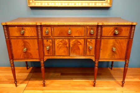 Sideboard, maker unknown, Boston, Massachusetts, c. 1790-1805, mahogany, mahogany veneer, purpleheart, maple, ebony, pine - De Young Museum - DSC01262
