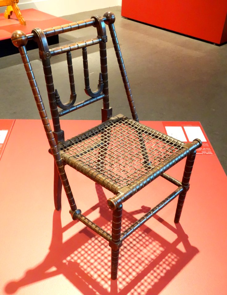 Side chair by George J. Hunzinger, patented March 30, 1869 and April 28, 1876, New York, wood, wool-covered steel webbing - Brooklyn Museum - Brooklyn, NY - DSC08811