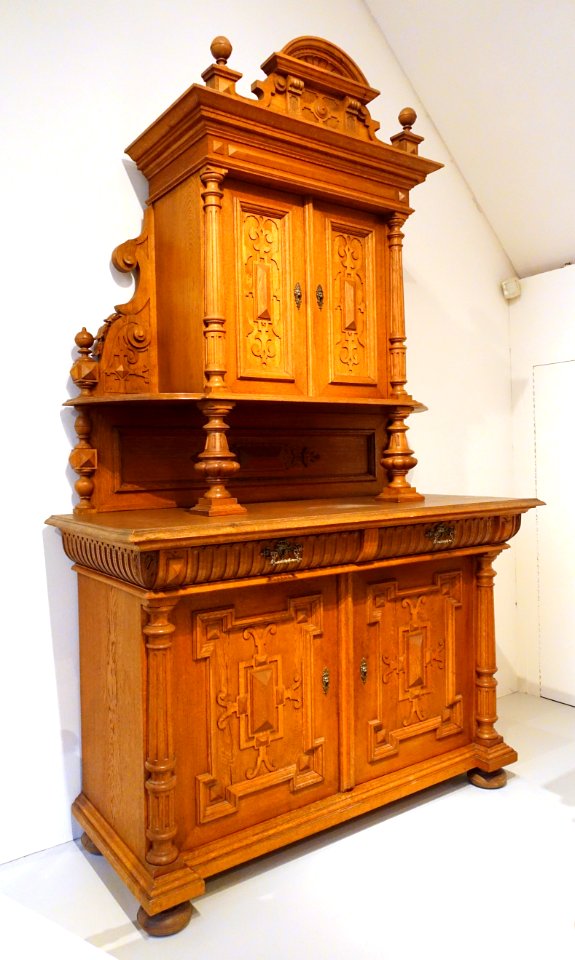 Sideboard in Neo-Renaissance style, c. 1890, oak, ornamental iron work - Nordiska museet - Stockholm, Sweden - DSC09833