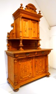 Sideboard in Neo-Renaissance style, c. 1890, oak, ornamental iron work - Nordiska museet - Stockholm, Sweden - DSC09833