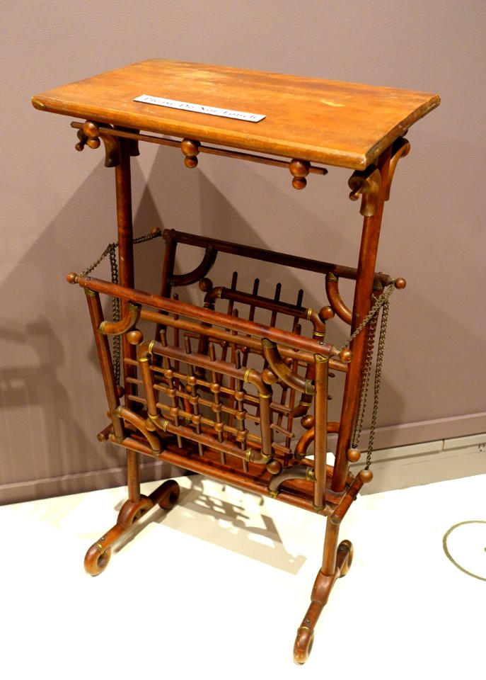 Side table, made by H. T. Cushman Manufacturing Company, North Bennington VT, c. 1891-1892, birch with brass and steel fittings - Bennington Museum - Bennington, VT - DSC09141
