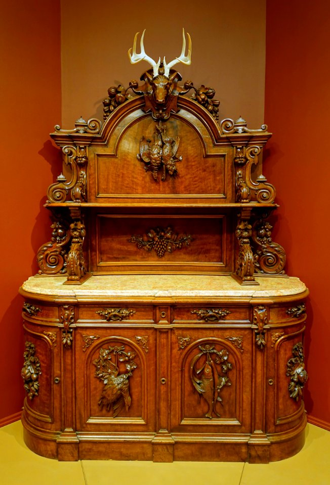Sideboard, maker unknown, probably Boston MA, c. 1855, walnut, walnut burl veneers, marble - Currier Museum of Art - Manchester, NH - DSC07595