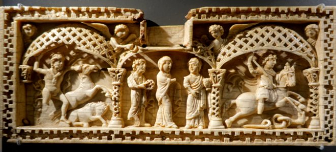 Sides of an Alexander casket, 1 of 4, Constantinople, 850-900 AD, or Alexandria, late 500s AD, ivory - Hessisches Landesmuseum Darmstadt - Darmstadt, Germany - DSC00320