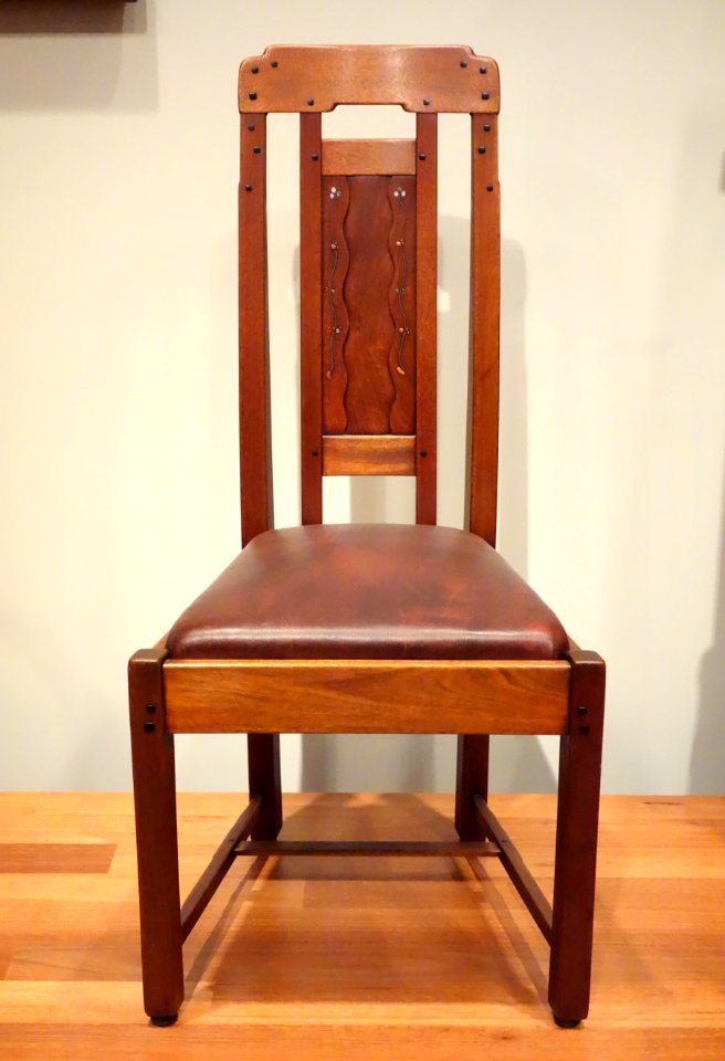Side chair for the Robert R. Blacker House, Pasadena CA, designed by Charles Sumner Greene and Henry Mather Greene, made by Peter Hall Manufacturing Co., 1907, mahogany, faux ebony, etc. - De Young Museum - DSC00709