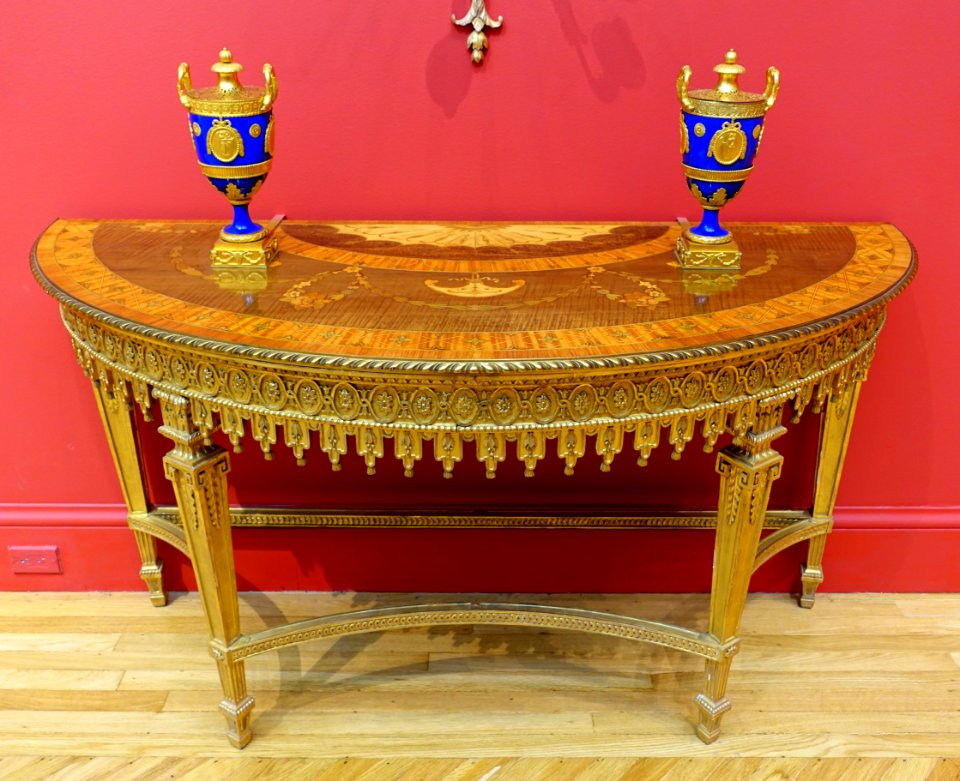 Side table, England, probably London, c. 1790, satinwood and various woods, gilt wood, gilt bronze mounts - California Palace of the Legion of Honor - San Francisco, CA - DSC02806