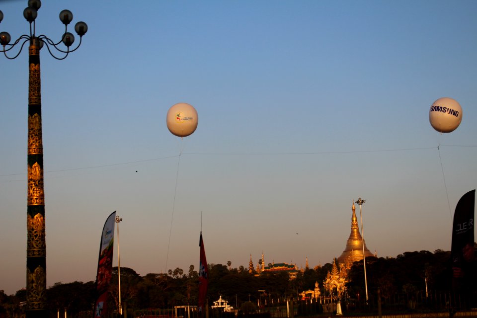 Shwedagon Pagoda with SEAGames Banner