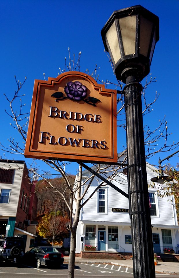Shelburne Falls - Bridge of Flowers sign on lantern