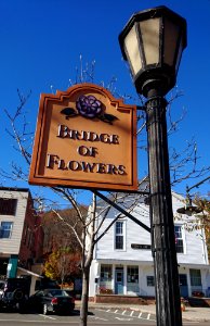 Shelburne Falls - Bridge of Flowers sign on lantern