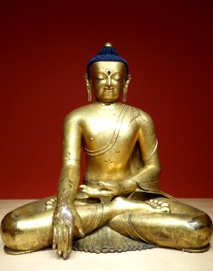 Shakyamuni Buddha, view 1, Tibet, 14th century, gilt bronze - Berkeley Art Museum and Pacific Film Archive - DSC04022