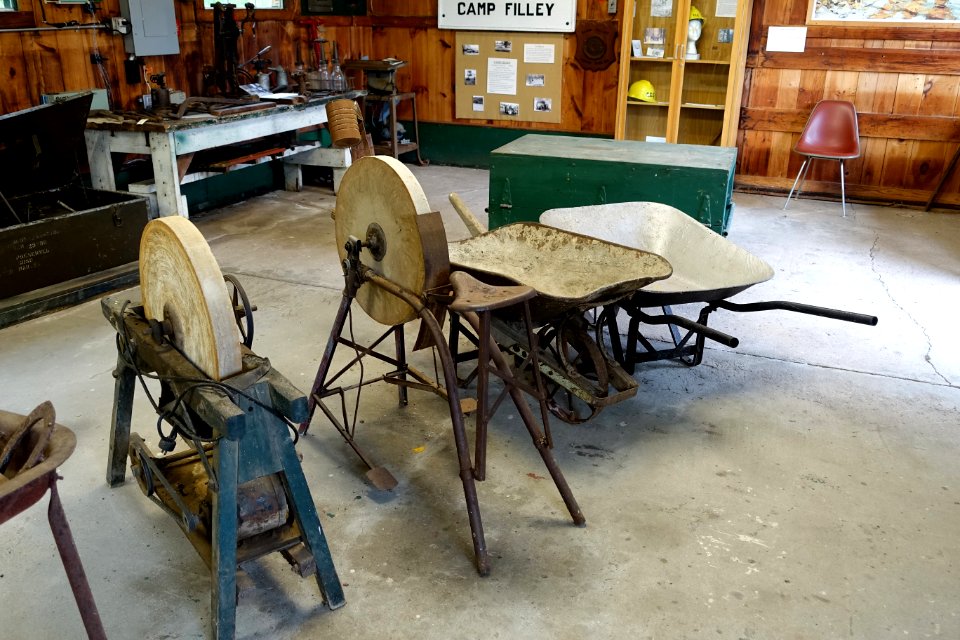 Sharpening wheels and wheelbarrows - Northeast States Civilian Conservation Corps Museum - Shenipsit State Forest - Stafford Springs, Connecticut - DSC04272