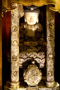 Shibayama shrine enclosing a seated Buddha, view 2, Japan, Meiji period, 1868-1912 AD, wood, ivory, gilt and black lacquer - Museu do Oriente - Lisbon, Portugal - DSC06880