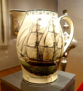 Ship Orozimbo of Baltimore pitcher, Herculaneum Factory, Liverpool, c. 1805-1810, earthenware, enamel - Peabody Essex Museum - Salem, MA - DSC05313