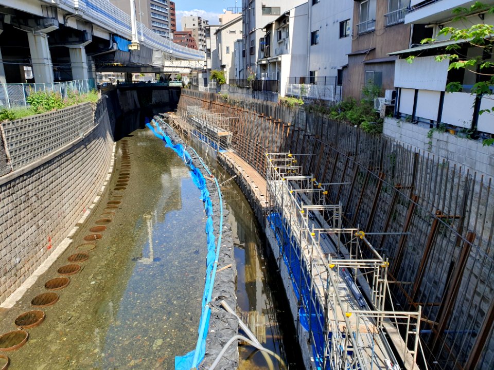 Shibuya River being made narrower, Shirokane 2021