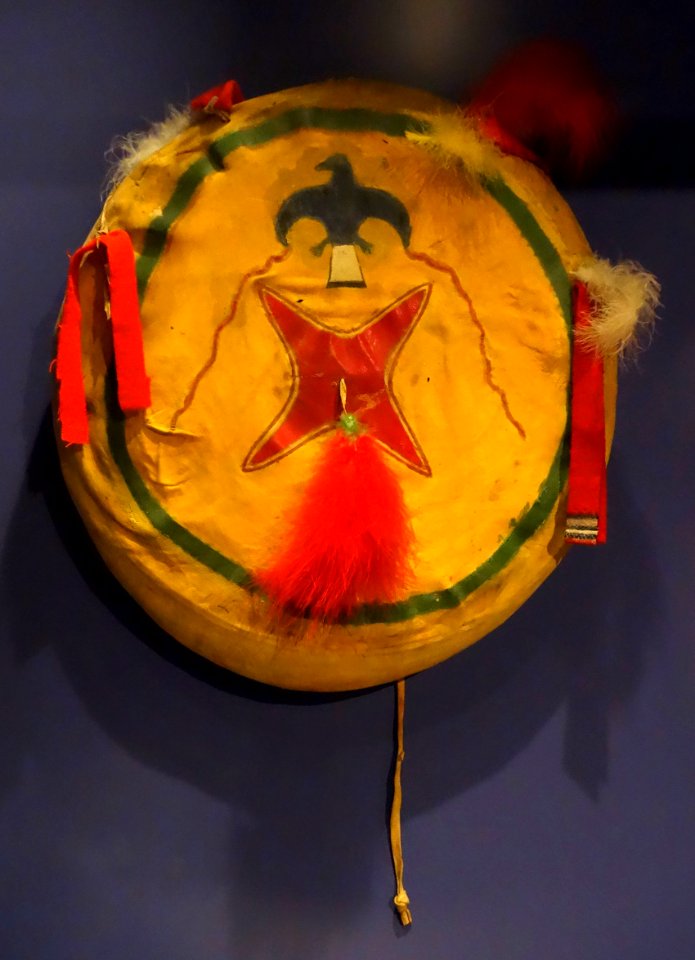 Shield, Dakota, late 19th century, rawhide, feathers, red wool - Glenbow Museum - DSC00747