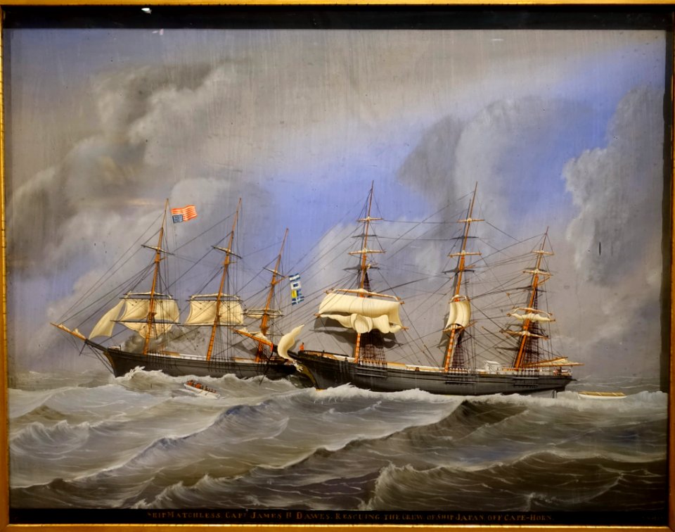 Ship Matchless Rescuing the Crew of the Ship Japan off Cape Horn, Carolus Cornelis Weytz, c. 1870, oil on glass - Peabody Essex Museum - Salem, MA - DSC05291