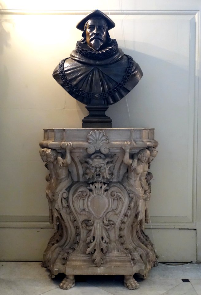Sir John Bankes MP PC (1589-1644), by Baron Carlo Marochetti, 1840-1850, 1 of 2, bronze, on a pier table, 1800-1900, wood - Kingston Lacy - Dorset, England - DSC03549