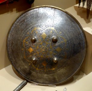 Shield with floral decoration and inscriptions, Iran, Qajar dynasty, 2nd half of 19th century, steel damascened with gold - Huntington Museum of Art - DSC04946